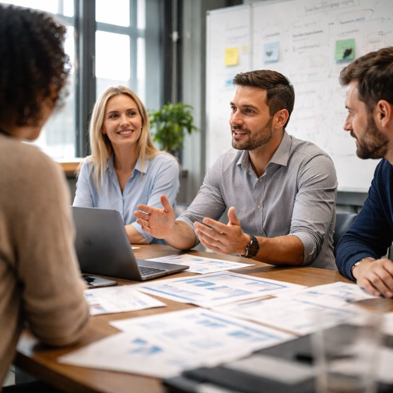 A small group of engineers collaborating around a table in a modern office, reviewing plans together, reflecting teamwork, shared orientation, and coordinated leadership in an engineering environment.