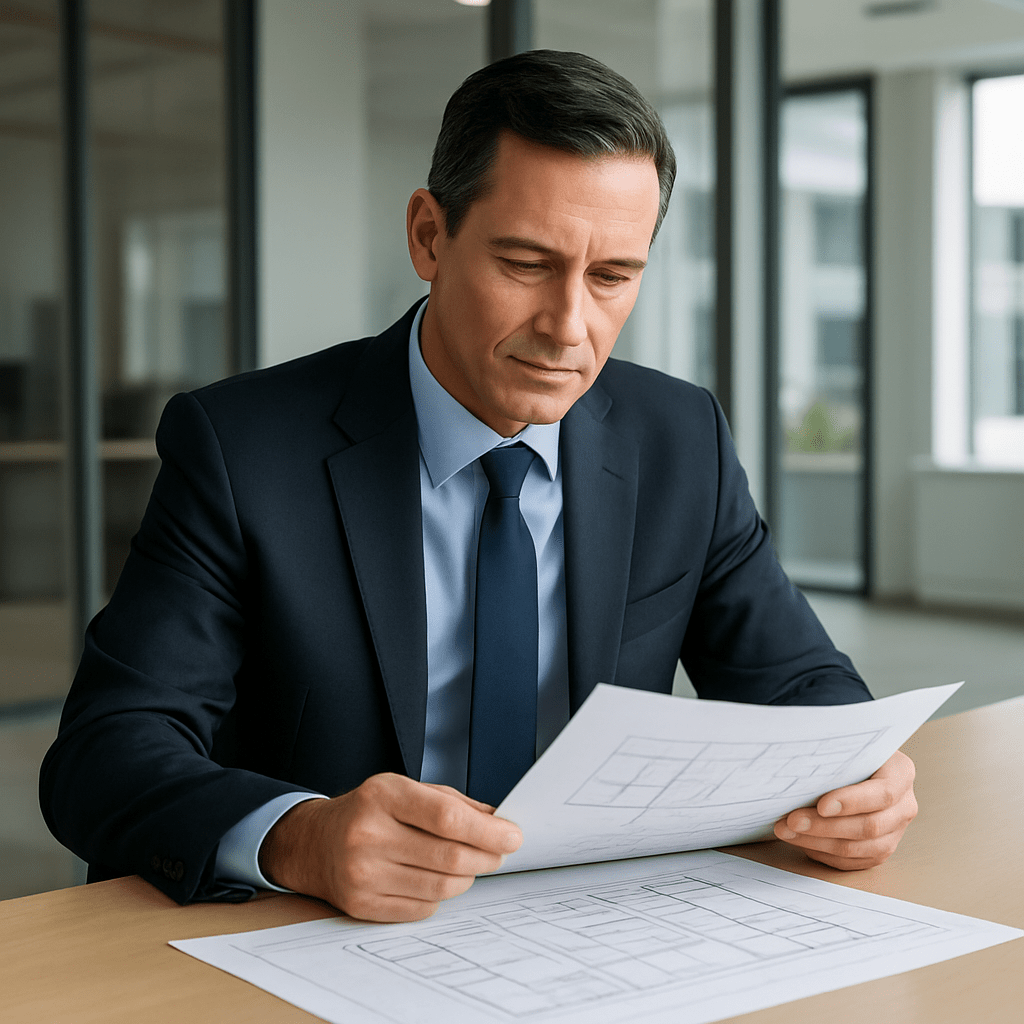 An engineering leader calmly reviewing structured plans in a modern office, representing focused decision-making and clarity under pressure.