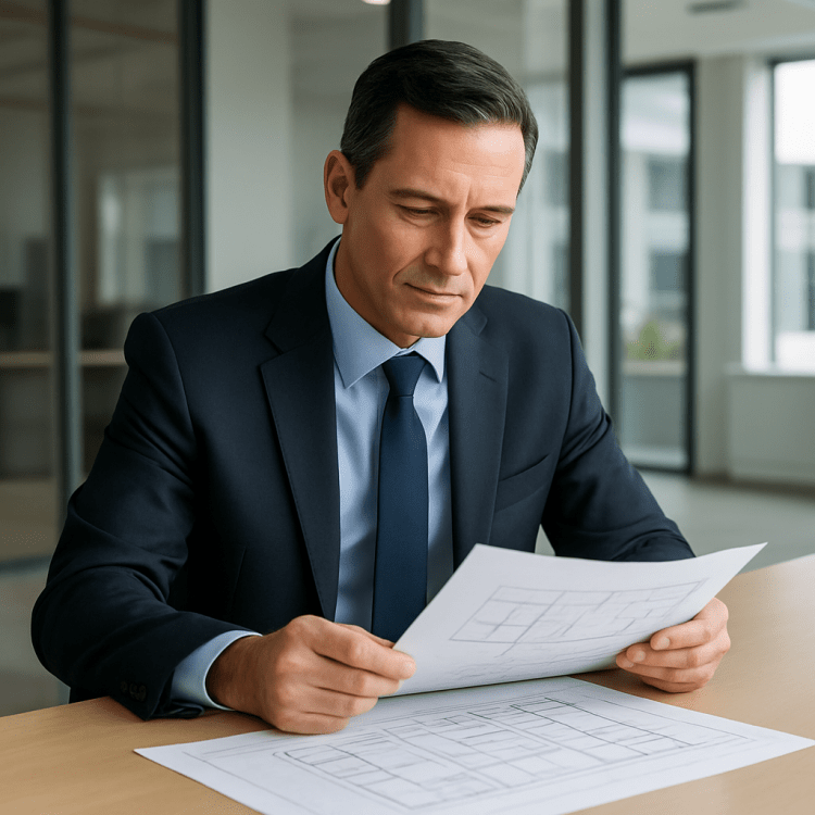 An engineering leader calmly reviewing structured plans in a modern office, representing focused decision-making and clarity under pressure.